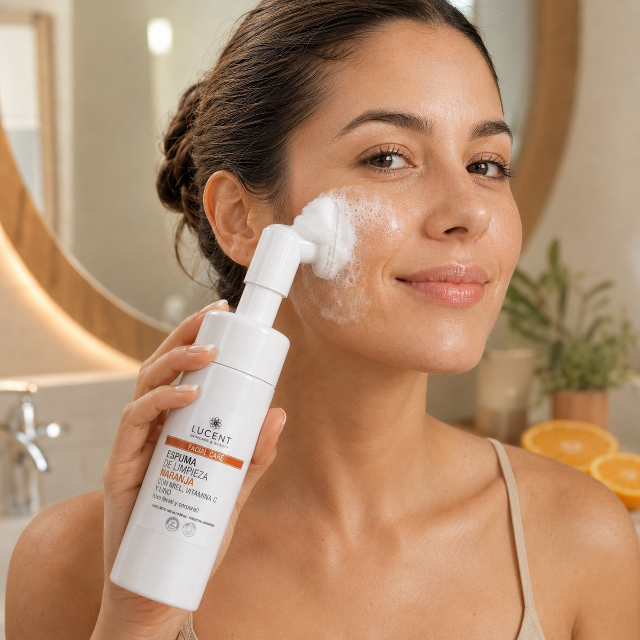 Aplicaci&oacute;n de espuma facial con cepillo integrado